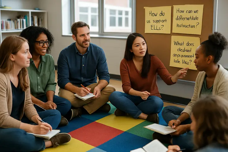 Educators marking a planning checklist during a bilingual program meeting