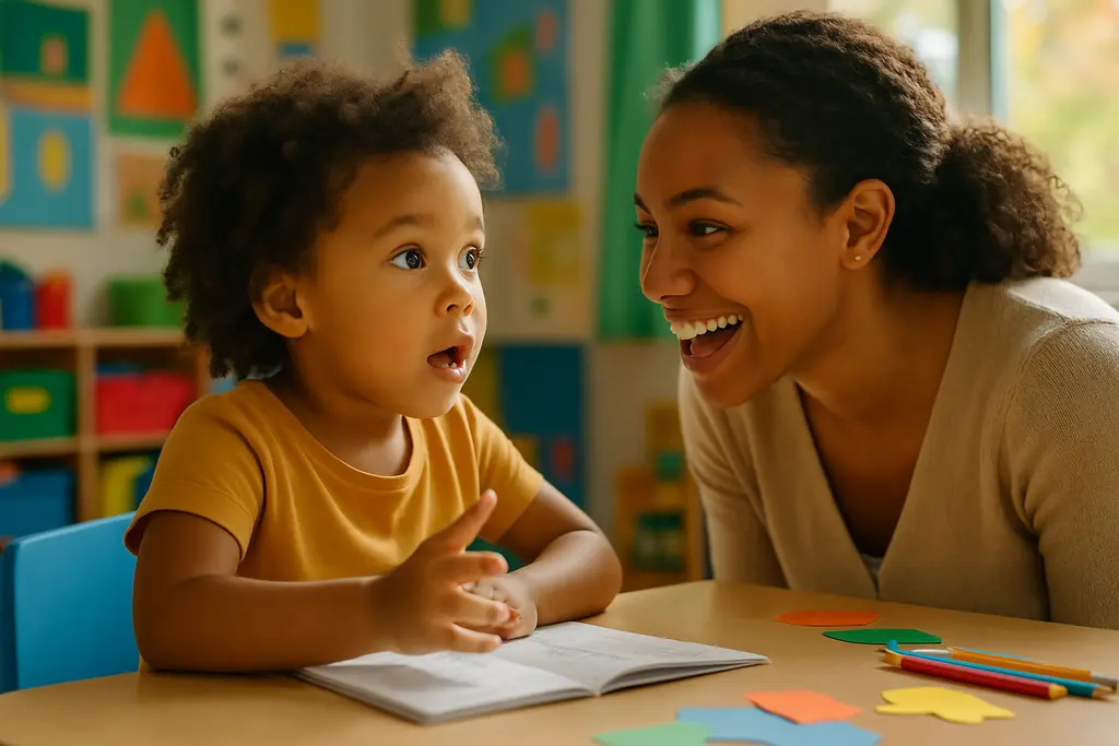 Teacher supports oral language development during small-group reading with early grade students