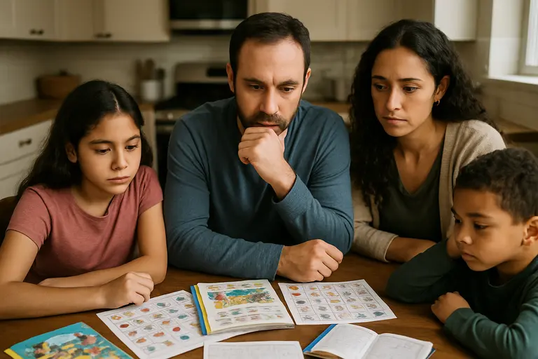 Parent and clinician reviewing notes at a child-sized table