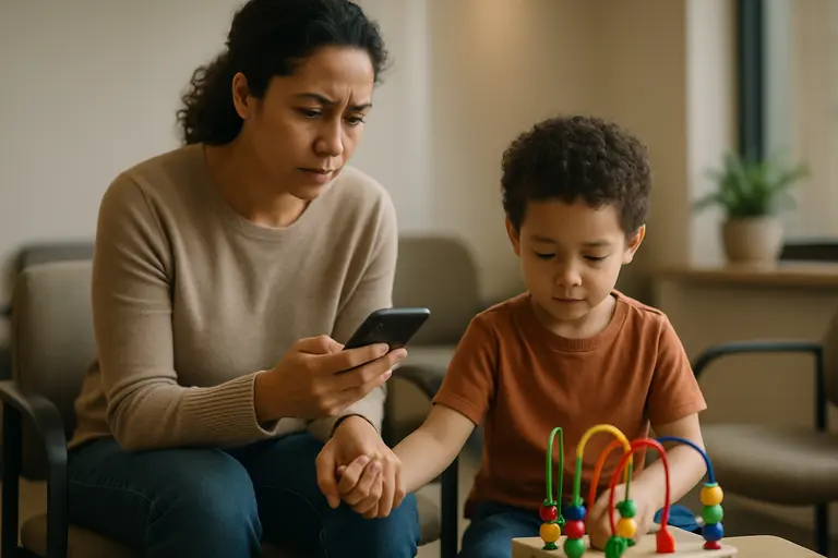 Parent and speech professional talking while a child plays nearby