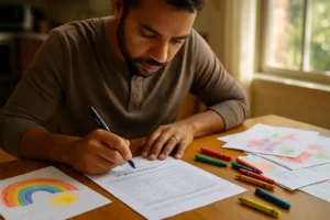 Parent self-reporting form beside bilingual children’s books and crayons