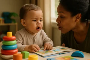 Parent and child reading together to support speech development delays at home