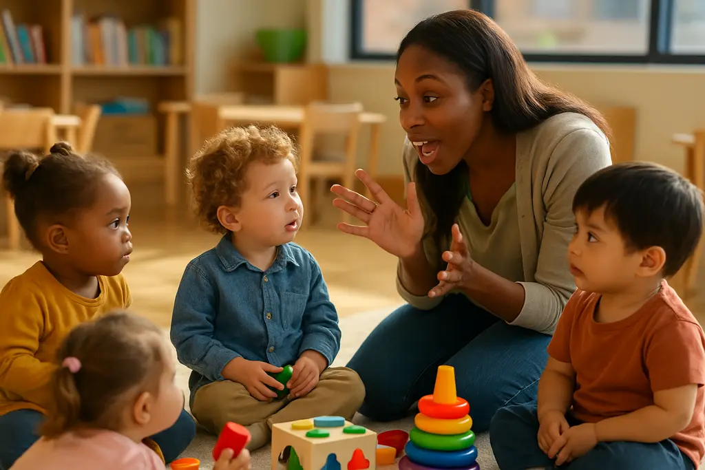 Teacher using TK multilingual screeners with a young child at a classroom table